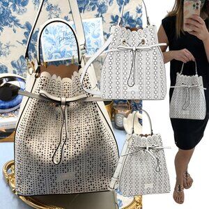 🆕 FURLA 🧿 NWOT Constanza Laser Cut Leather Drawstring Bucket Bag, Chalk